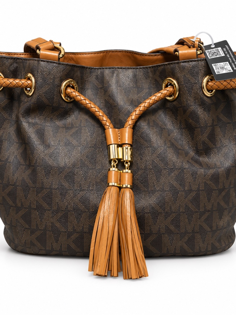 Michael Kors Brown & Tan Logo Drawstring Tote with Tassels